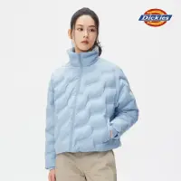 在飛比找momo購物網優惠-【Dickies】女款淺灰藍滿版Logo壓紋立領羽絨外套｜D