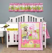 New Baby Girls 5 Pieces Pink Jungle Animals Nursery Bedding Crib Cot Set