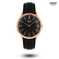 在飛比找momo購物網優惠-【HENRY LONDON】英國品牌 玫瑰金黑面黑色皮帶手錶