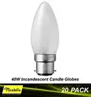 20 x 40W Pearl B22 Candle Shaped Light Globes Bulbs Lamps Bayonet Incandescent