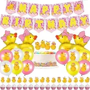 57 Pcs Duck Birthday Decorations - Latex Balloon, Shape Foil Balloon, Happy Birthday Garland Banner, Cake Topper, Cupcake Topper, Rubber Themed Party Supplies (Cute)