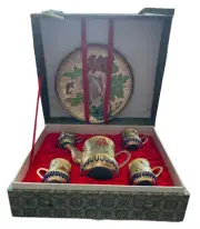 Cloisonne Enamel Vintage Chinese Teapot Tea Cup Brass Miniature Teaset 7 pc Lot