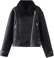 [Generic] Women's Collar Pu Imitation Leather Lamb Wool Splicing Long Sleeved Jacket Solid Color Casual Loose Zipper Splicing Jacket