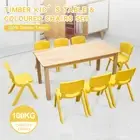 120x60cm Wooden Pinewood Timber Kids Study Table & 8 Yellow Plastic Chairs Set