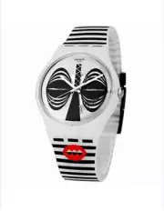NEW Swiss Swatch MASKARA Skeleton Clear Dial Silicone Stripes Watch SUOW122 41MM