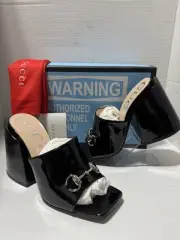 NEW Gucci US 9 EU 39 Horsebit Black Patent Leather High Heel Sandals Slides Box