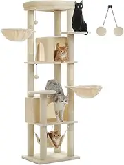 PAWZ Road Cat Tree, 181cm Cat Tower for Indoor Large Cats, Cat Furniture with 2 Spacious Cat Condo, Large Top Perch,2 Hammock(Dia=35cm), 2 Round Perches,Sisal Covered Scratching Post.Beige