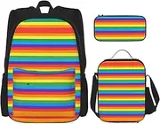 [StOlmx] 3 Pcs Set Backpack,Waterproof Bookbag, Insulated Lunch Bag & Pencil Case Pouch, Travel,Hiking,Snow Street Print, Rainbow Pattern, One Size
