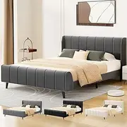 ALFORDSON Bed Frame Base Double Size with Headboard, Bed Platform Foundation with Velvet Fabric Upholstered for Mattress Topper, HUNDOLF Series Velvet Grey