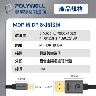 POLYWELL 寶利威爾 MDP To DP轉接線 2米 8K60Hz 多螢幕 工作站顯卡 影音轉接線