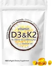 Vitamin D3 K2 Supplement Softgels, Vitamin D3 10,000 IU with K2 | 2-in-1 Supplement | Non-GMO, Gluten Free, Easy-Swallow Coconut Oil Capsules (1pc)