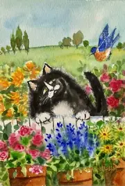 Pamela Wilhelm Watercolor 5”x7” Original Painting Tuxedo Cat Bluebird Garden