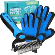 et Grooming Brush & 2 Gloves Set – Deshedding Dematting Rake for Dogs Cats