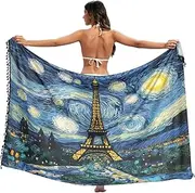 [RPLIFE] Paris Eiffel Towel at Starry Night Bathing Suit Wrap Sarong, Sarong with Fringe, Womens Pool Sarong, Swimsuit Sarong Long