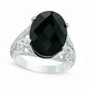 Oval Faceted Onyx Split Shank Ring in Solid 10K White Gold