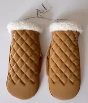 NEW CHANEL COCO NEIGE TAN QUILTED LEATHER MITTENS GLOVES M