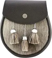 [I LUV LTD] Semi Dress Sporran Brown Faux Fur Black Leather, Celtic Knot Button Scottish Made with Sporran Waist Chain XXL 48" - 58" Scottish Celtic Wallet Pouch Kilt Accessories for Men