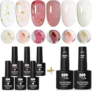 YTD Likomey Nude Gel Nail Polish Kit,Translucent Neutral 6 Color with Base and Top Coat Set,Milky White Pink Peach Red Gold Foil Jelly UV Gel,8 Pcs 7.5ml