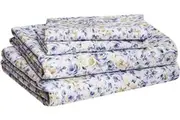 Queen Blue Floral Microfiber Bed Sheet Set Lightweight Super Soft Easy Care, 36 cm Deep Pockets