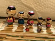 7 Vintage Painted Wooden Bobble Head Kokeshi Dolls