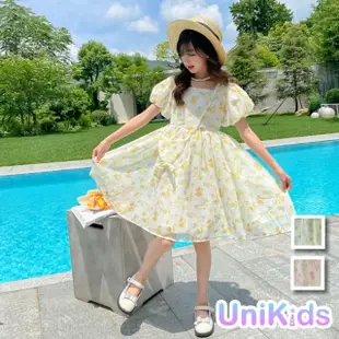 【UniKids】中大童裝短袖洋裝 韓版碎花網紗露背綁帶公主裙 女大童裝 CV碎花裙(粉紅 黃)