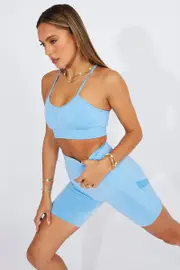 Blue Seamless Top And Shorts Activewear Set - Size S, Women's Aw Set