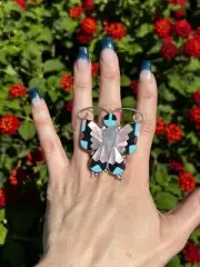 Zuni Multistone Inlay Sterling silver large butterfly adjustable ring