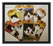 TUXEDO CAT PRIMITIVE HANG TAGS - SET OF EIGHT BLACK AND WHITE CATS - SET #1