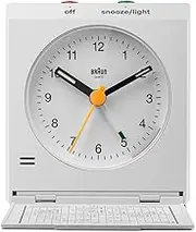Braun Classic Analogue Travel Alarm Clock with Snooze and Light, Iconic Design, Compact Size, Folding Lid with World Time Zone Map, Quiet Quartz Movement, Crescendo Beep Alarm in White, model BC05W