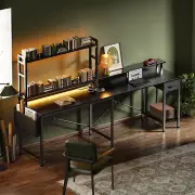 Desk Gaming Desk LED Lights & Power Outlets Computer Desk Storage Shelves