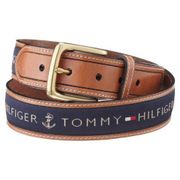 Tommy Hilfiger 男品味織帶鑲嵌棕色皮帶