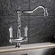 Twin Lever Traditional Kitchen Sink Mixer Taps, Dual Lever Cold and Hot Faucet Deck Mounted, 360° Swivel Spout Sink Tap with 2 Ceramic Handles, Antique Brass C