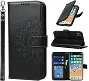 Cavor Wallet Case for iPhone X, iPhone Xs 5.8'' PU Leather Case Magnetic 3D Embossed Flower Women Flip Kickstand with Card Holder Wristlet Hand Strap Protective Cover-Flower Black