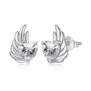 SOLID Sterling Silver Sparkly Angel Wing Heart Stud Earrings