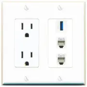 3 Port Power Outlet Cover Plug Jack UL 2 Gang 2 PHONE USB-3 Wall Plate