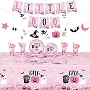 173 Pcs Pink Halloween Party Supplies Serves 24 Include Pink Halloween Birthday Tablecloth Pumpkin Ghost Little Boo Banner Pink Halloween Plates Napkins Tableware Set for Halloween Baby Shower