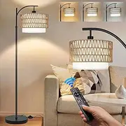 Arc Floor Lamp for Living Room with 3 Color Temperatures,Rattan Boho Floor Lamp with Remote Control,Black Dimmable Standing Lamp with Wicker Lamp Shades,Farmhouse Rustic Tall Lamp for Bedroom Corner