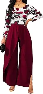 [SxClub] Floral Red Overlay Jumpsuits Dressy for Women Sexy Long Sleeves Long Split lightweight Pants Cocktail Rompers with Zipper, Floral/Wine Red
