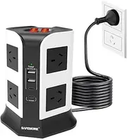 Tower Power Board with 8 AC Outlets, 2 USB C & 2 USB A Ports, SAFEMORE Power Strip Surge Protection with PD 20W Type C Fast Charger, Powerboad with 2M Extension Cord for Home Office