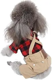 Pet Clothes for Small Dog Cat Red Plaid Shirts Sweater with Khaki Overalls Pants Jumpsuit Outfits (Red, S)