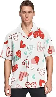 [GuoChe] Hawaiian Short Sleeve Mens Button Up Shirt Valentines Cute Red Blue Hearts Doodle Casual Camisas para Gym Hombre