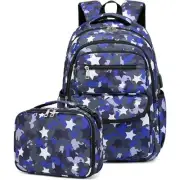 Blue Camo Star Print Backpack & Lunch Bag Set – School Bag Combo USB Port