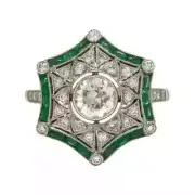 Art Deco Style Lab Created Diamond & Emerald Wedding Ring 14K White Gold Finish