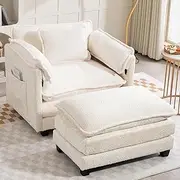 KEIKI Boucle Oversized Reading Chair with Storage & Ottoman- 40" W Modern Accent Chair W/Double Deep Cushion Seating, Comfy Upholstered Single Sofa Lounge Armchair for Living Room, Bedroom, Beige