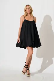Bryson Bubble Hem Dress Spaghetti Strap in Black Cotton 8