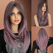 Long Wig Human Hair with Bangs and Wig Cap Gluel Straight Curly Natural Layered Synthetic Wigs 25 Inch Purple&Grey 25 inch