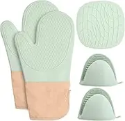 Extra Long Oven Mitts and Pot Holders Set - Heat-Resistant Silicone Oven Mitts with Mini Oven Mitt and Kitchen Baking Cooking Hot Pads, Quilted Lining, Green, 5-Piece Set