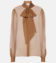 [Saint Laurent] Saint Laurent Tie-neck silk chiffon blouse UK 14 brown