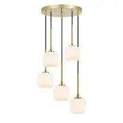 Blaise 5 Light Ribbed Glass Gold Opal White Round Cluster Pendant Light