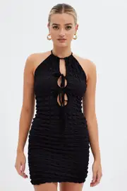 Black Textured Mini Dress Backless - Size 10, Women's Bodycon Dress